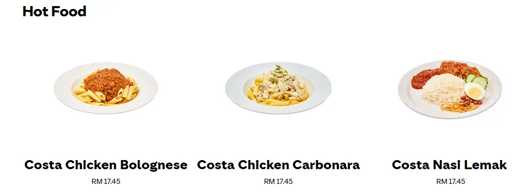 COSTA COFFEE HOT FOOD MENU & PRICES