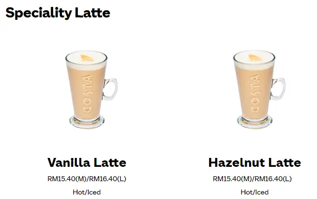 COSTA COFFEE SPECIALITY LATTE latest PRICES