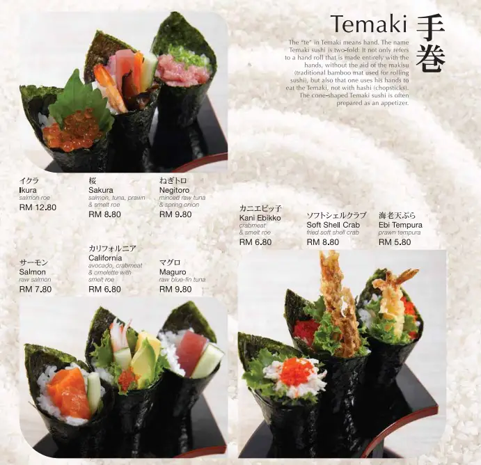 PRICES OF TEMAKI AT SUSHI ZANMAI