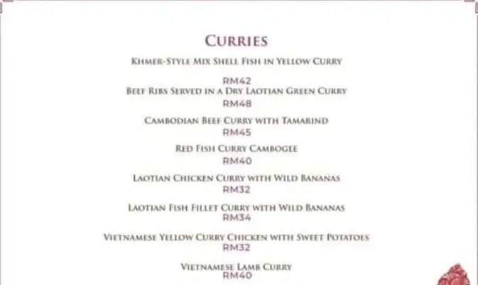 TAMARIND SPRINGS RESTAURANT CURRIES with PRICES